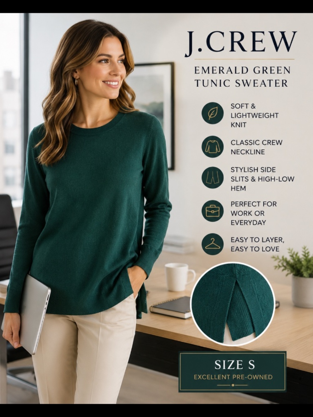 J. Crew Emerald Green Tunic Sweater Side Slit Long Sleeve Soft Knit Size Small